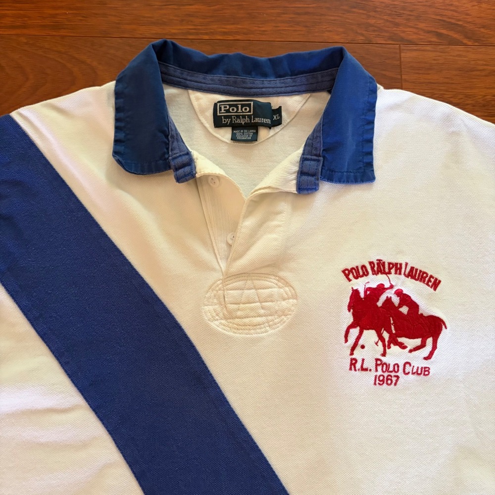 Polo Ralph Lauren Mens XL Polo Shirt White Blue Sash R.L. Polo Club 1967 Pique